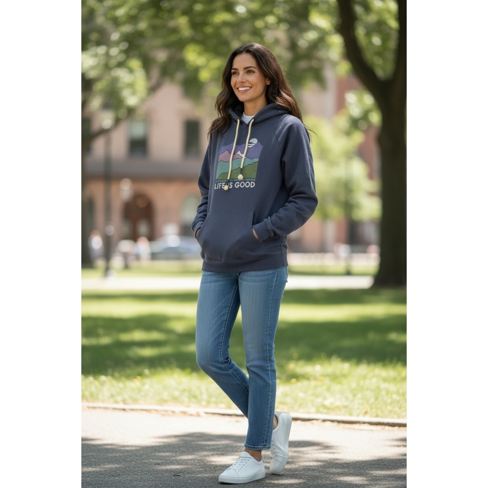 Life is Good‎ Womens Relaxed Fit Mountain Graphic Hoodie Blue Large